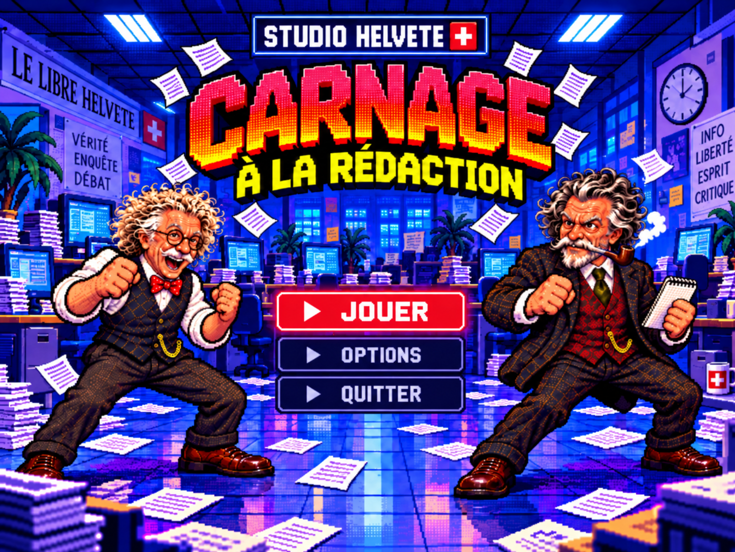 Studio Helvete — Carnage à la rédaction. Deux personnages face à face dans la rédaction.
